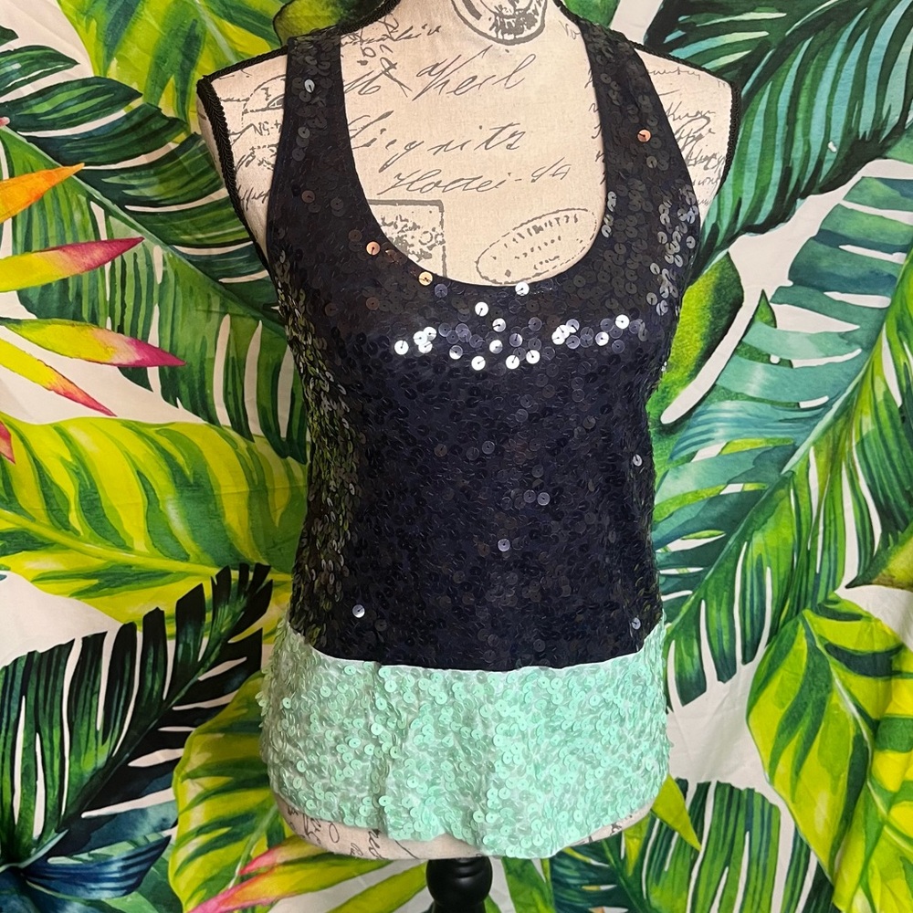 EUC J.Crew XS/S Spring Summer Dark Blue Seafoam Sequin Dressy Tank Top Blouse
